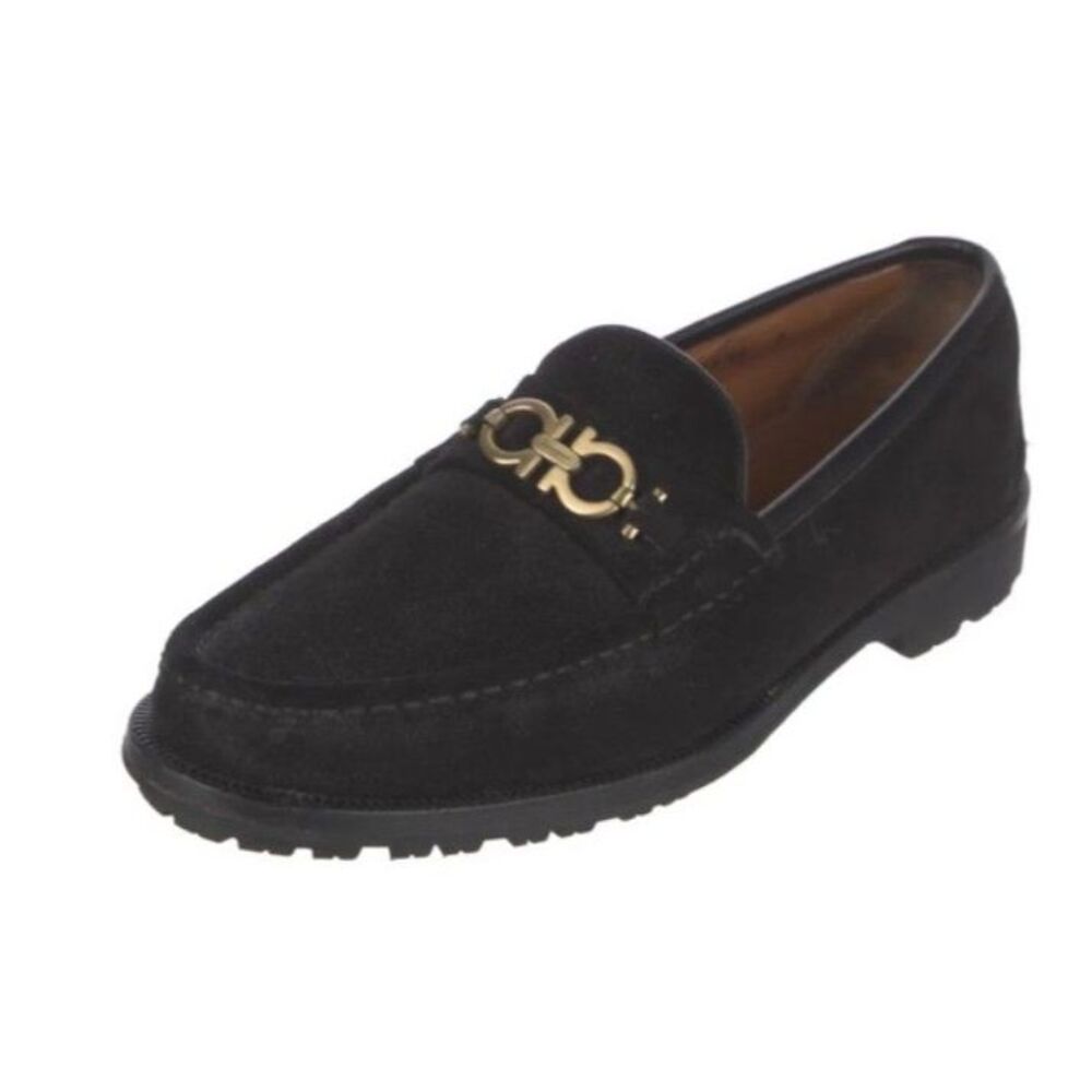 Salvatore Ferragamo Men's Black Suede Gancini Logo Lug Sole Loafers Size 11D